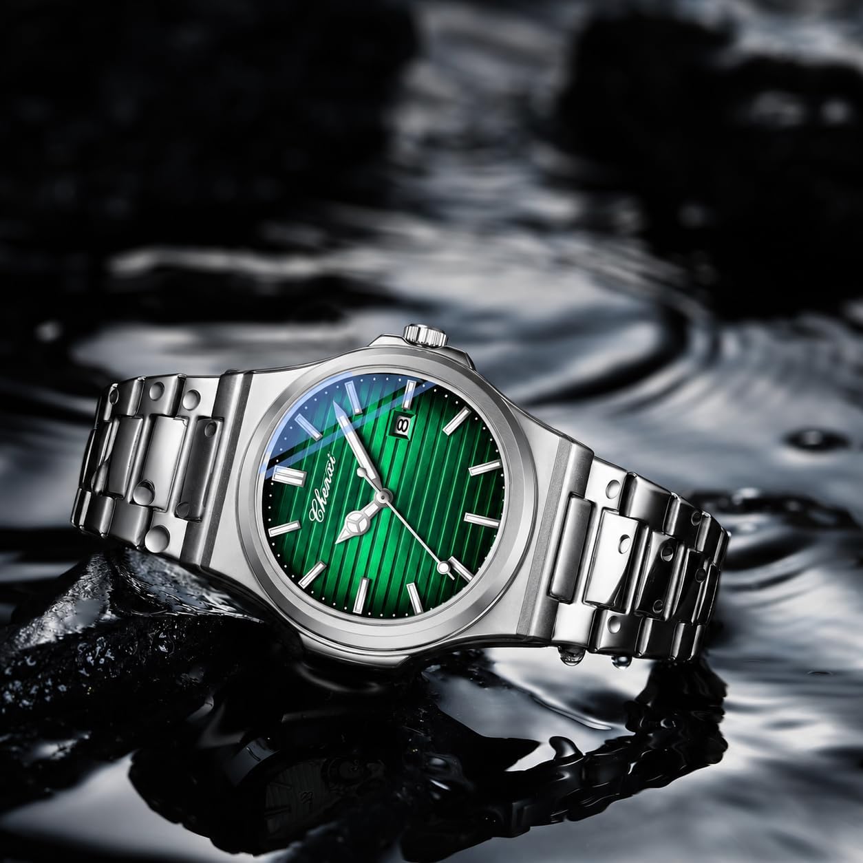 Gosasa - Orologio da uomo alla moda, in acciaio inox, movimento al quarzo, luminoso, impermeabile, con display analogico