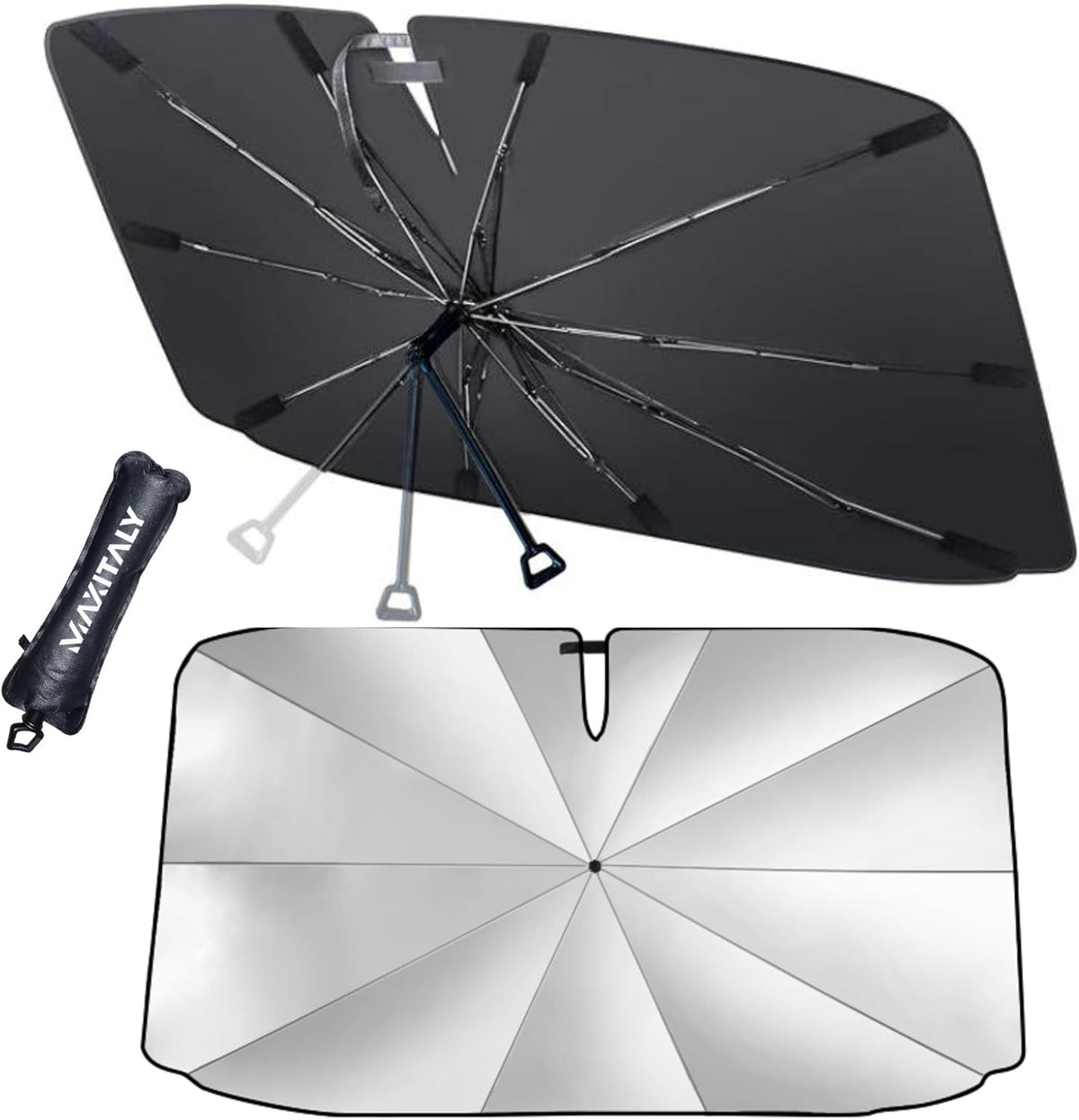 ﻿MAXITALY Ombrello Parasole Auto 138x75CM, Manico Pieghevole 360° Fibra Ossea, Parasole Auto Parabrezza Interno Fibra Riflettente Argento E Titanio, Ampia Compatibilità - Accessori Auto Premium
