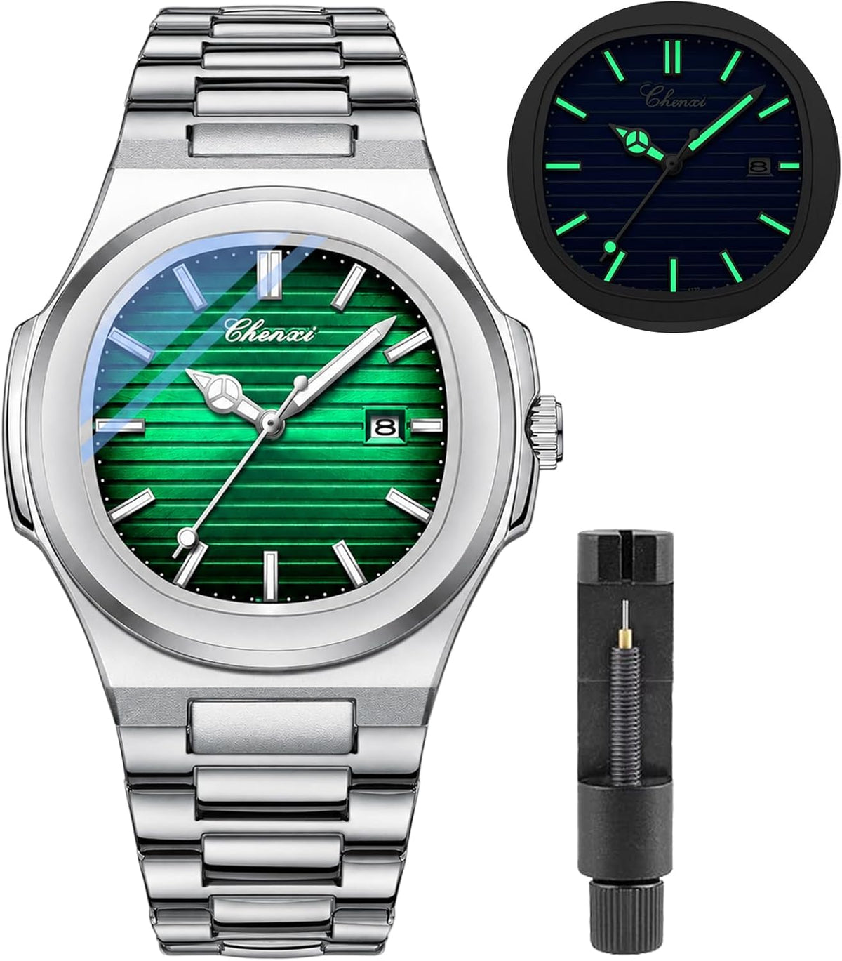 Gosasa - Orologio da uomo alla moda, in acciaio inox, movimento al quarzo, luminoso, impermeabile, con display analogico