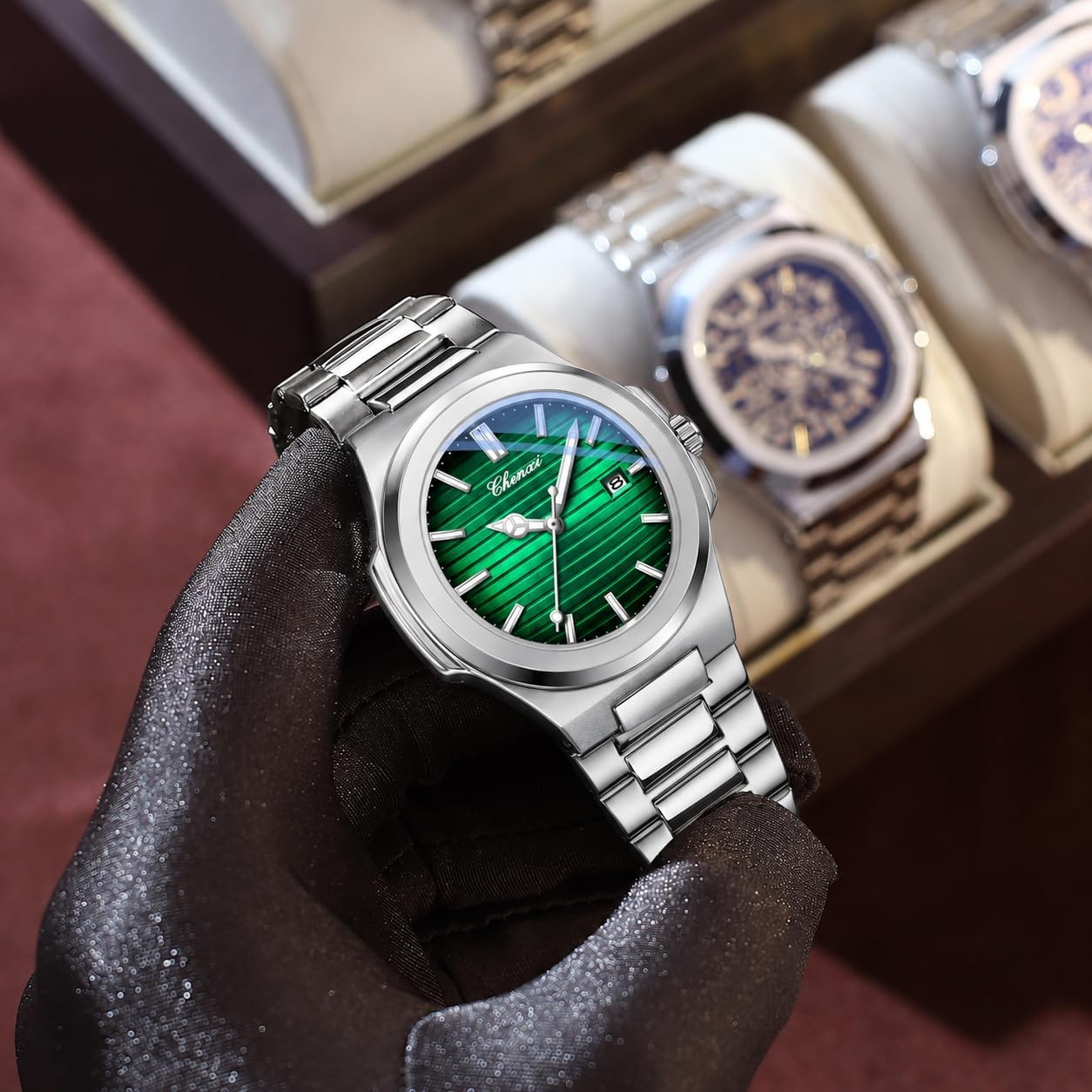 Gosasa - Orologio da uomo alla moda, in acciaio inox, movimento al quarzo, luminoso, impermeabile, con display analogico