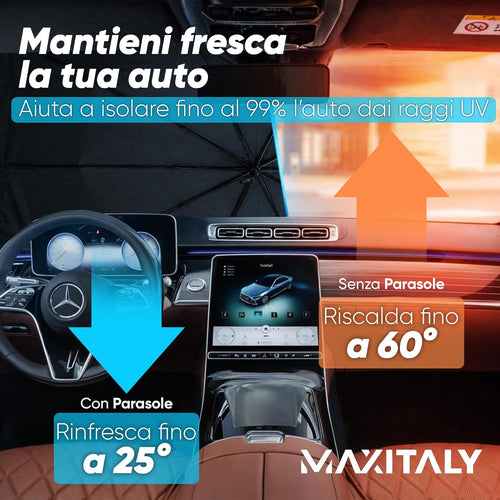 ﻿MAXITALY Ombrello Parasole Auto 138x75CM, Manico Pieghevole 360° Fibra Ossea, Parasole Auto Parabrezza Interno Fibra Riflettente Argento E Titanio, Ampia Compatibilità - Accessori Auto Premium