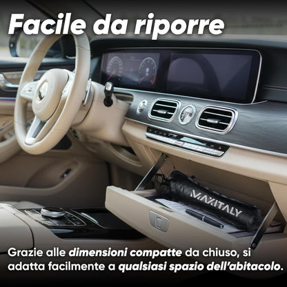 ﻿MAXITALY Ombrello Parasole Auto 138x75CM, Manico Pieghevole 360° Fibra Ossea, Parasole Auto Parabrezza Interno Fibra Riflettente Argento E Titanio, Ampia Compatibilità - Accessori Auto Premium