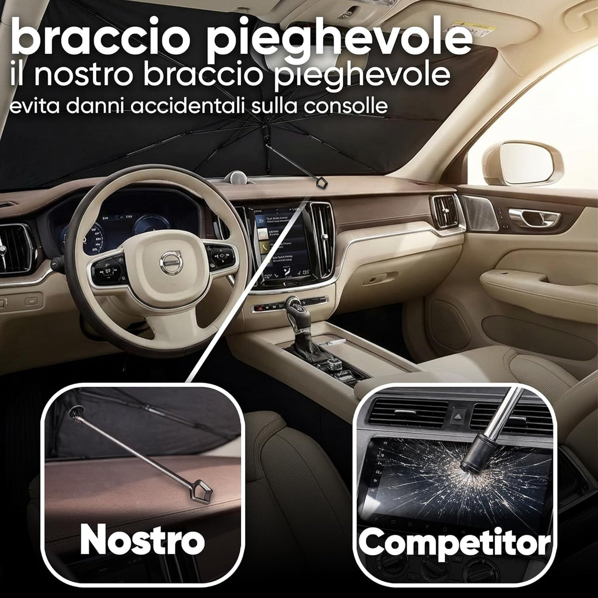 ﻿MAXITALY Ombrello Parasole Auto 138x75CM, Manico Pieghevole 360° Fibra Ossea, Parasole Auto Parabrezza Interno Fibra Riflettente Argento E Titanio, Ampia Compatibilità - Accessori Auto Premium
