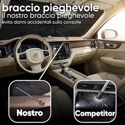 ﻿MAXITALY Ombrello Parasole Auto 138x75CM, Manico Pieghevole 360° Fibra Ossea, Parasole Auto Parabrezza Interno Fibra Riflettente Argento E Titanio, Ampia Compatibilità - Accessori Auto Premium
