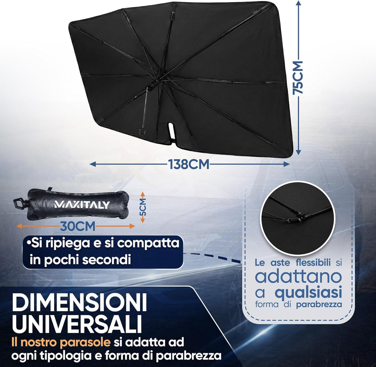 ﻿MAXITALY Ombrello Parasole Auto 138x75CM, Manico Pieghevole 360° Fibra Ossea, Parasole Auto Parabrezza Interno Fibra Riflettente Argento E Titanio, Ampia Compatibilità - Accessori Auto Premium